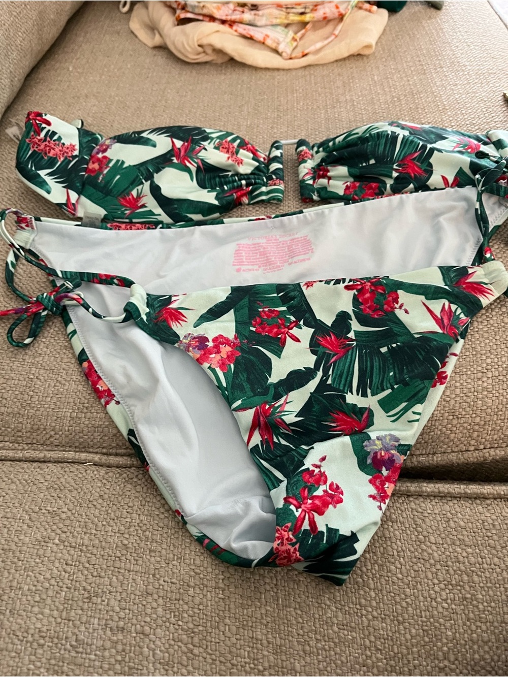Victoria's Secret Green Floral Bandeau Bikini with Red Accents